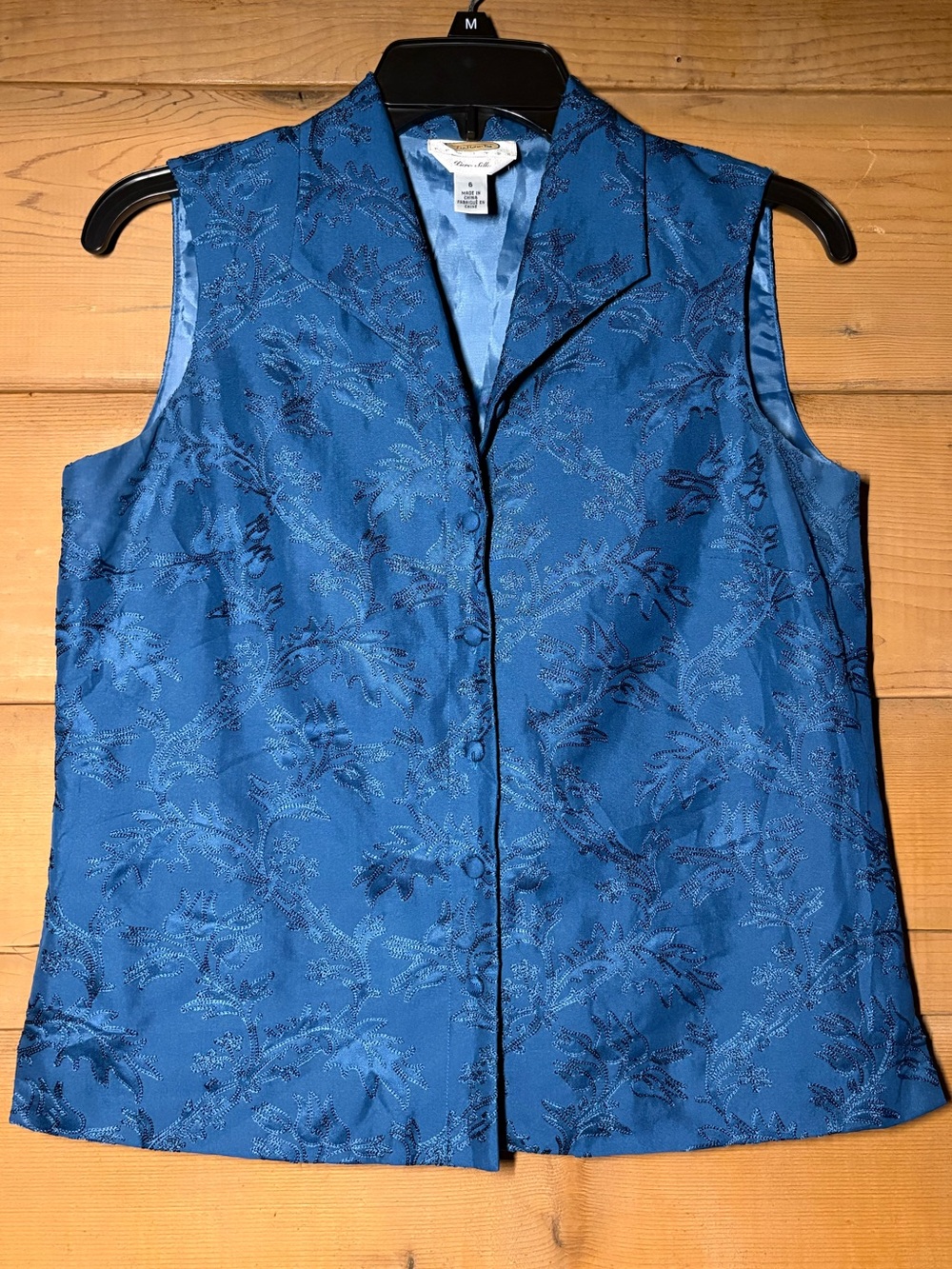 Vintage Talbots Blue Floral Jacquard Vest- Size 6- Silk 90s Button Up Vest